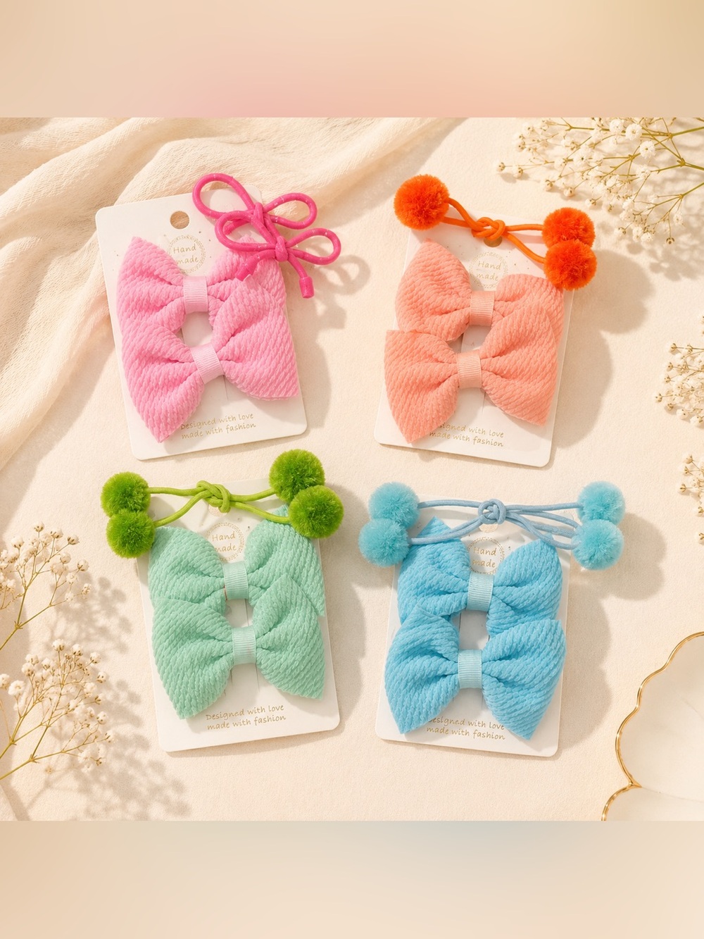 Kids Pom Bow Hair Tie Set - Pink, Peach, Mint, Blue